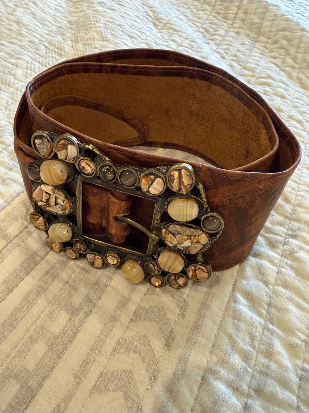 Leatherock Brown Leather Waist Belt with Stone-Embellished Buckle